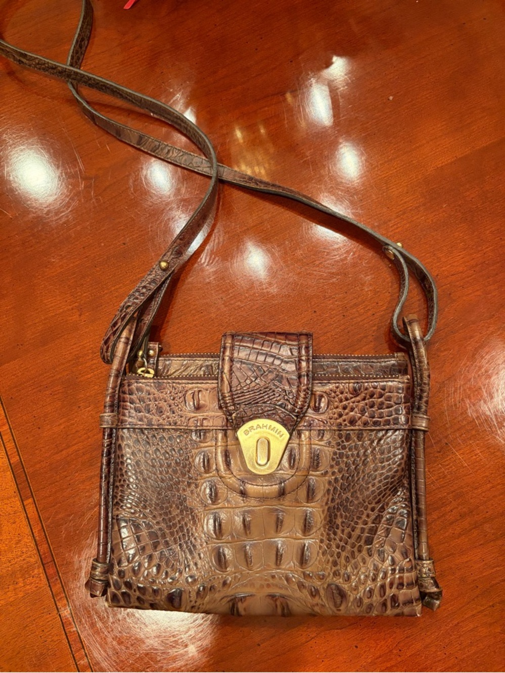Brahmin Brown Croc-Embossed Leather Crossbody with Gold Hardware